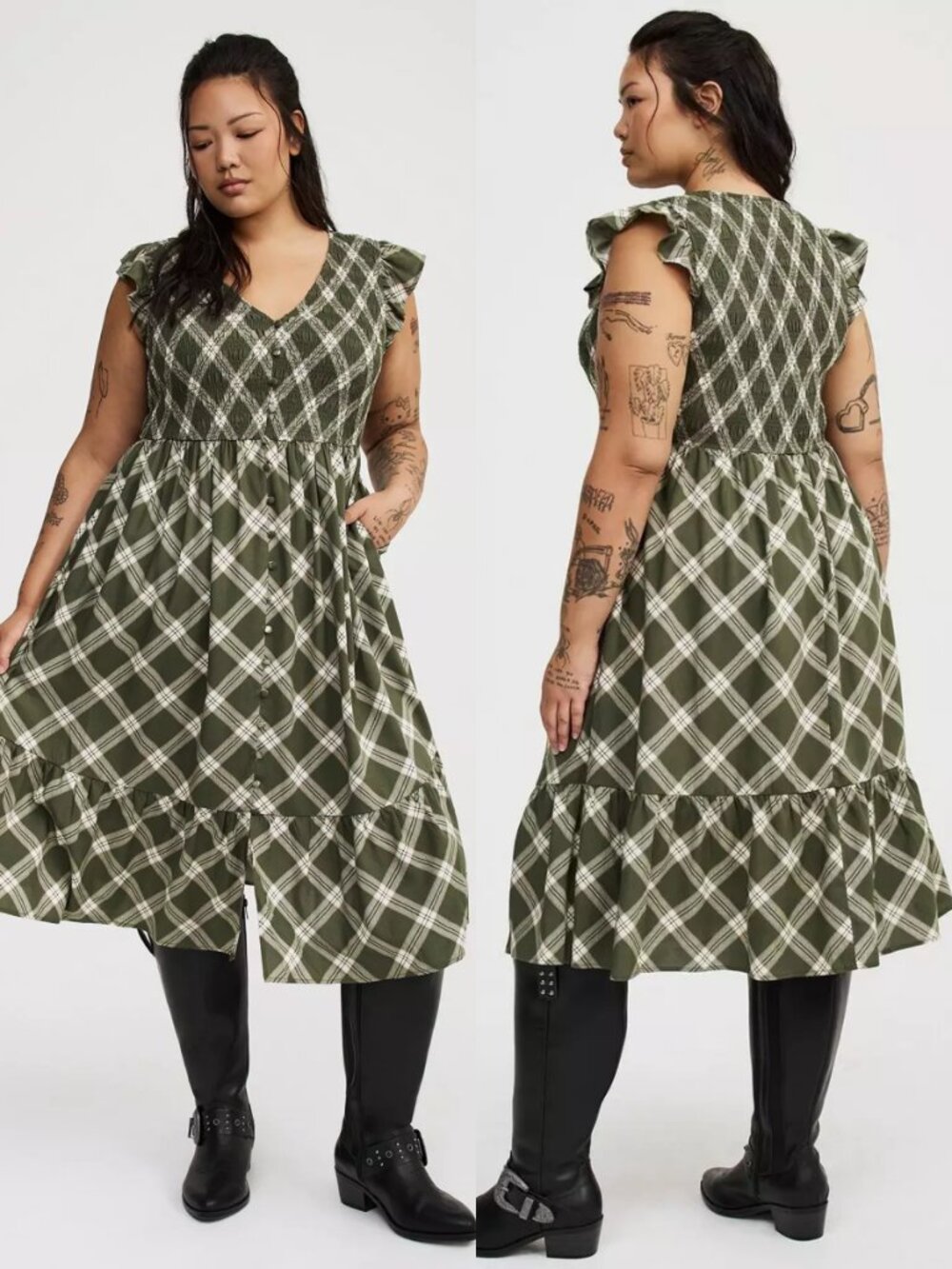 Torrid 0 Plaid Smocked Midi Ruffle-Sleeve Tiered Dress L 12